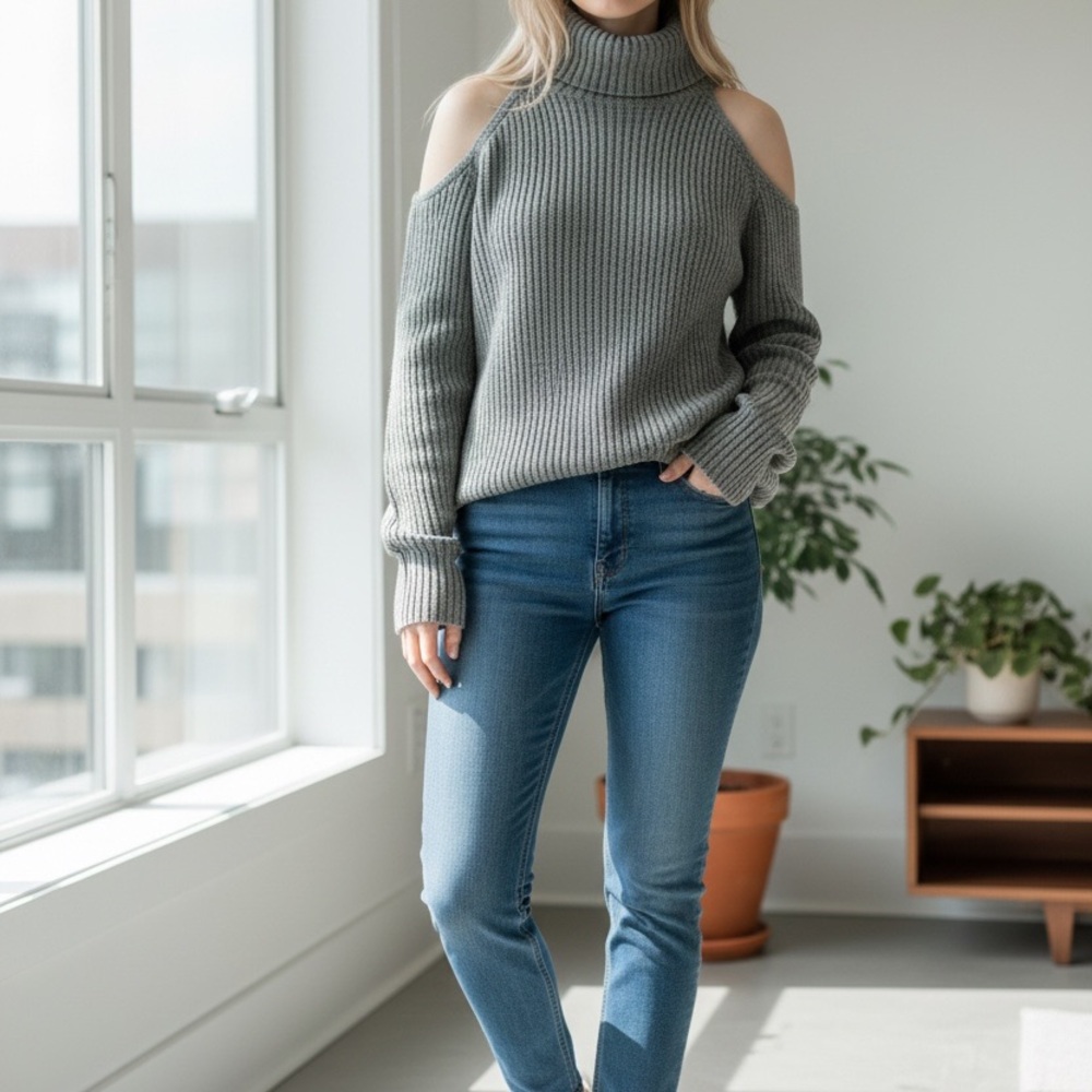 HYFVE Gray Ribbed Turtleneck Sweater